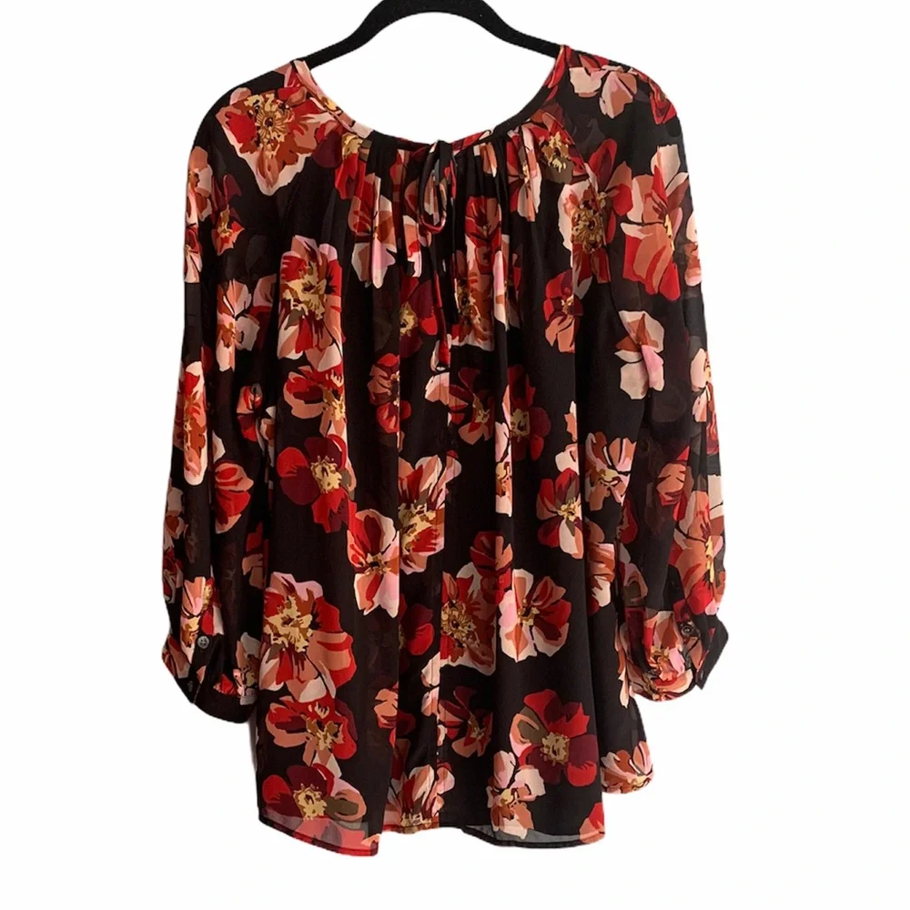 Madewell Tie Back Bubble Sleeve Floral Top Size Medium Red Black and White